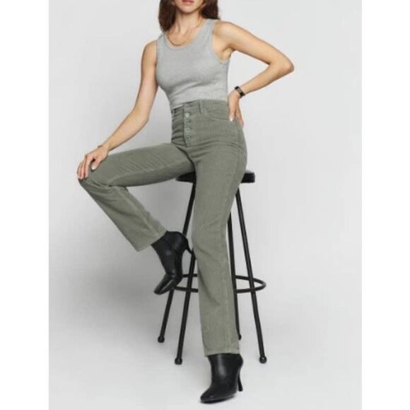 Reformation Cynthia Button Fly High Rise Straight Corduroy Pants in Moss Sz. 30 - Picture 1 of 7